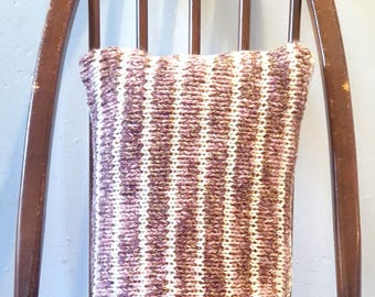 Unique Hand knitted and Upcycled Vintage Fabric Cushion with Insert. Brown, pink, white, striped.