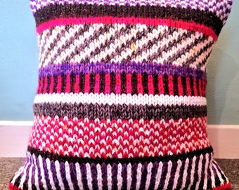 Hand Knitted Vintage Fabric Cushion, Abstract Striped Pillow