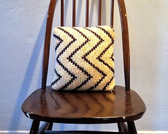 Hand Knitted Upcycled Cushion, Vintage Fabric Insert, Zigzag Design