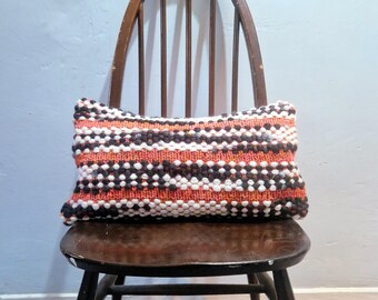 Handknitted Vintage Fabric Cushion, Peach Coral Black White Stripes