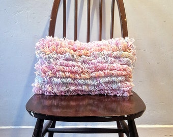 Unique Hand knitted and Upcycled Vintage Fabric Cushion with Insert. Pastel, fluffy.