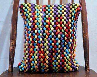 Unique Hand knitted and Upcycled Cushion with Insert. Rainbow, textured, yellow