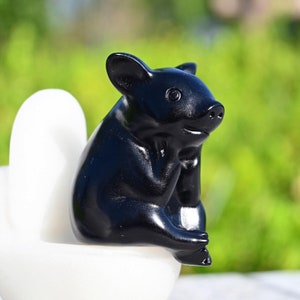 3.2&#39;&#39; Natural Obsidian Pig+White jade Toilet，Crystal Pig carved，Pig figurine，Funny Presents，Home decor，Crystal ornament，Reiki healing
