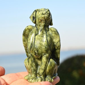 3.8&#39;&#39; Natural carved Green jade angel dog，Quartz crystal dog，Dog figurine，Crystal statue，Crystal gift，Crystal ornament，Healing Figurine