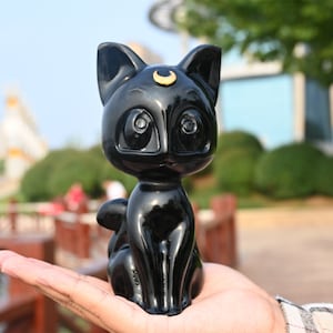 5.9&#39;&#39; Hand carved Natural Obsidian Moon Cat，quartz crystal，crystal decor，Halloween gift，Crystal moon cat，Crystal healing，Crystal ornament