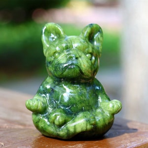 2.3&#39;&#39; Natural Olive Green jade French Bulldog decor，Crystal dog carved，Crystal French Bulldog，Meditation Bulldog，Home decor，Crystal gift