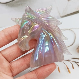 3&#39;&#39; Natural Hand carved Fluorite Electroplate Unicorn，quartz crystal，Christmas gift，Crystal decor, Crystal unicorn，Healing stone