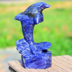4.8&#39;&#39; Natural Sodalite Dolphin，Crystal Dolphin carved，Dolphin figurine，Crystal gift，Home decor，Crystal ornament，Reiki healing