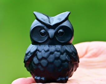2インチ天然手彫り黒曜石フクロウ、クリスタルフクロウ、クリスタル