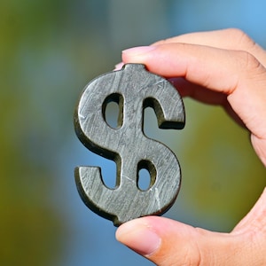 May include: A metallic gray dollar sign is held between fingers against a blurred green and blue background. The dollar sign is the focal point, with a textured surface and a classic design.
