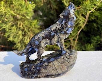 3.4'' Natural Hand carved Rhyolite wolf，Christams gift，Crystal wolf，quartz crystal，Home Decor，Crystal gift，Riki Healing