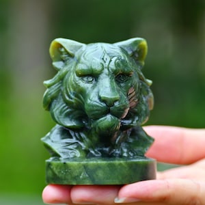 2.8&quot; Natural Hand carving Green jade lion carving，Crystal Lion，Lion decor，Lion figurine，Home decor，Crystal gift，Riki healing