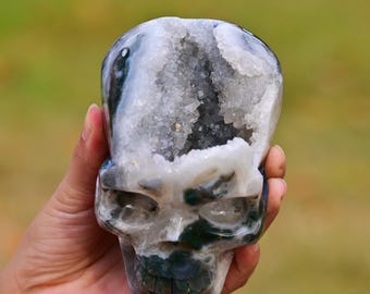 4'' Natural Moss Agate Geode Skull，crystal Skull Carving，natural