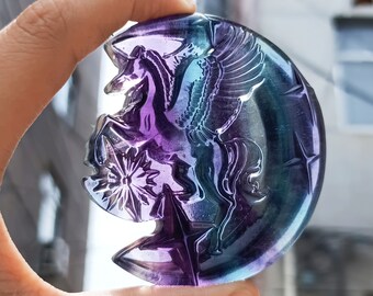 3'' Natural Fluorite Unicorn carving，Crystal Unicorn decor，Unicorn figurine，Halloween gift，Crystal decor，Crystal ornament，Crystal healing