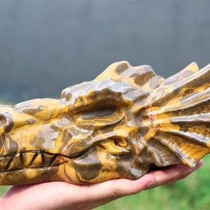 May include: A detailed sculpture of a dragon's head, carved from a stone with a mix of brown and yellow hues. The dragon's features include sharp teeth, textured scales, and pointed ears. The sculpture is held in a hand.