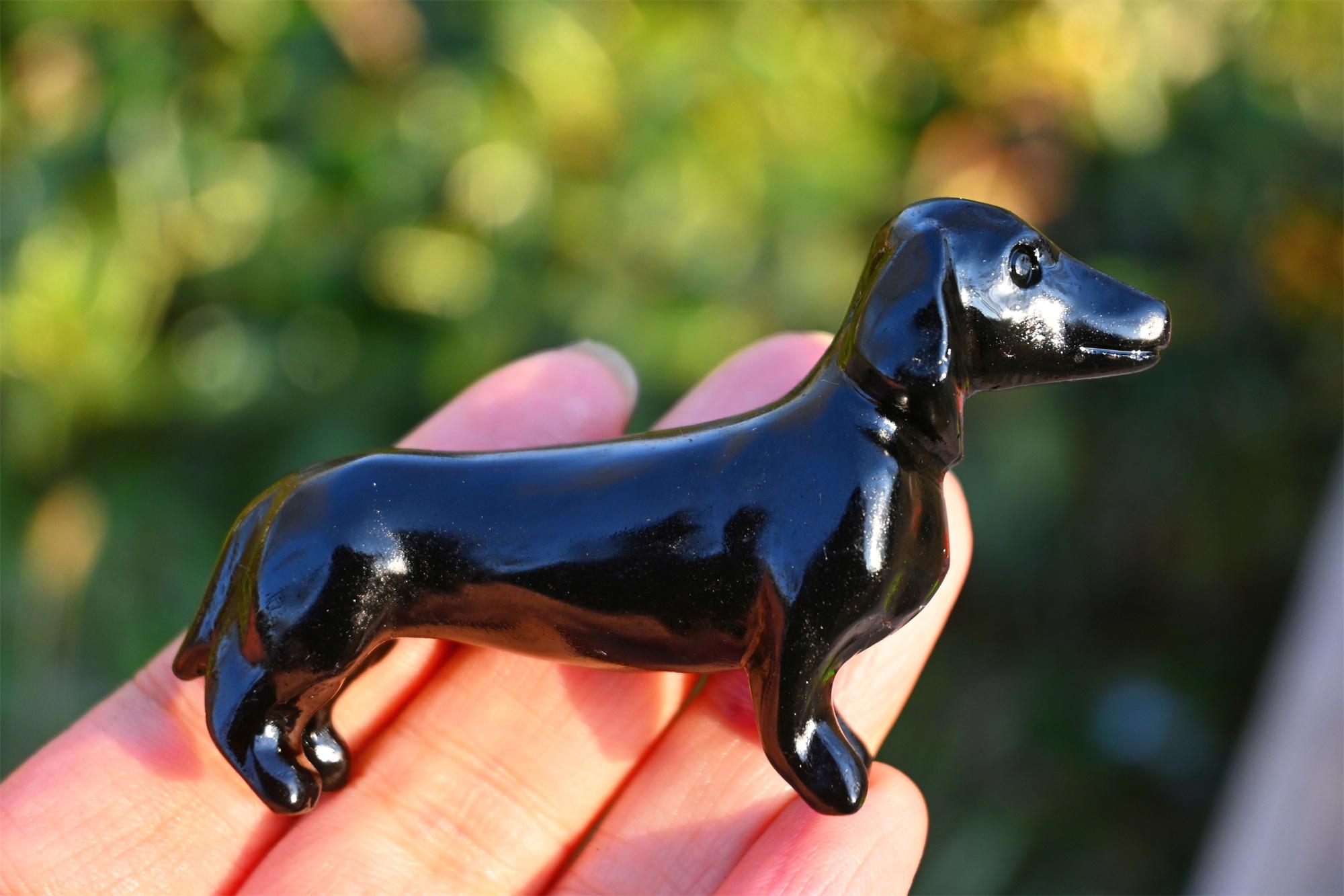 3.1'' 天然黒曜石ダックスフント、水晶、クリスタル犬彫刻、クリスタル