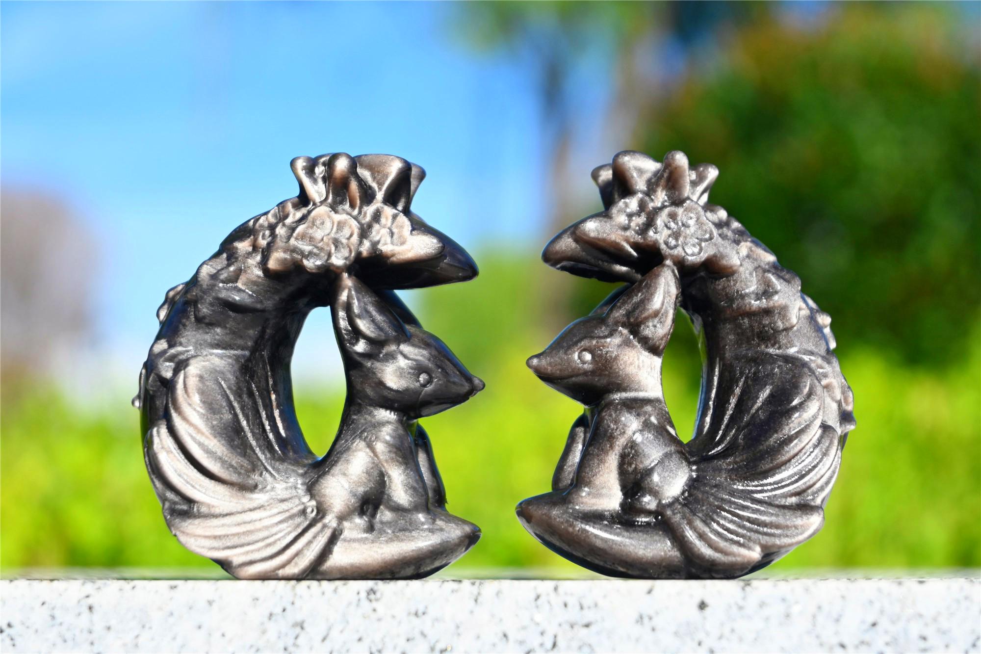 2.2'' 天然シルバーオブシディアン九尾狐、水晶フォックス彫刻