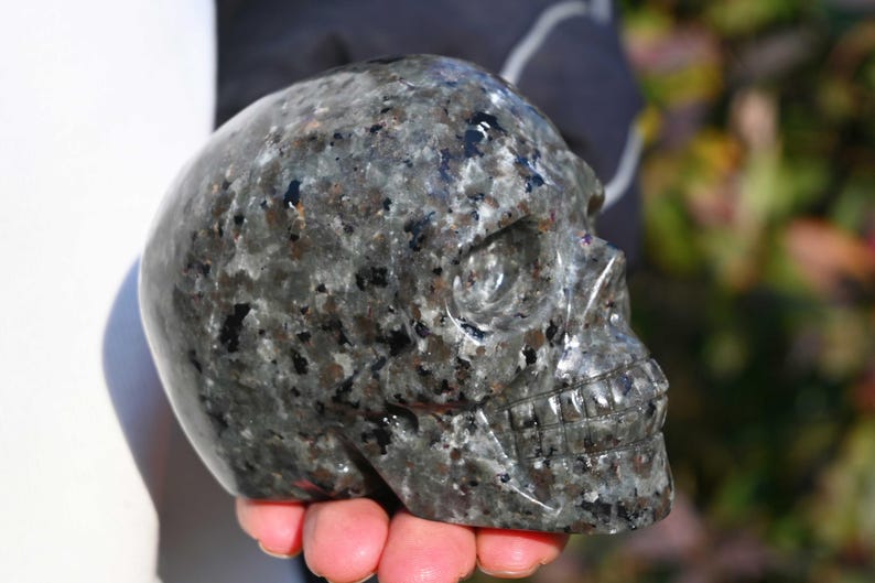 May include: A black and grey speckled skull carved from stone. The skull is detailed with a defined jawline and teeth.