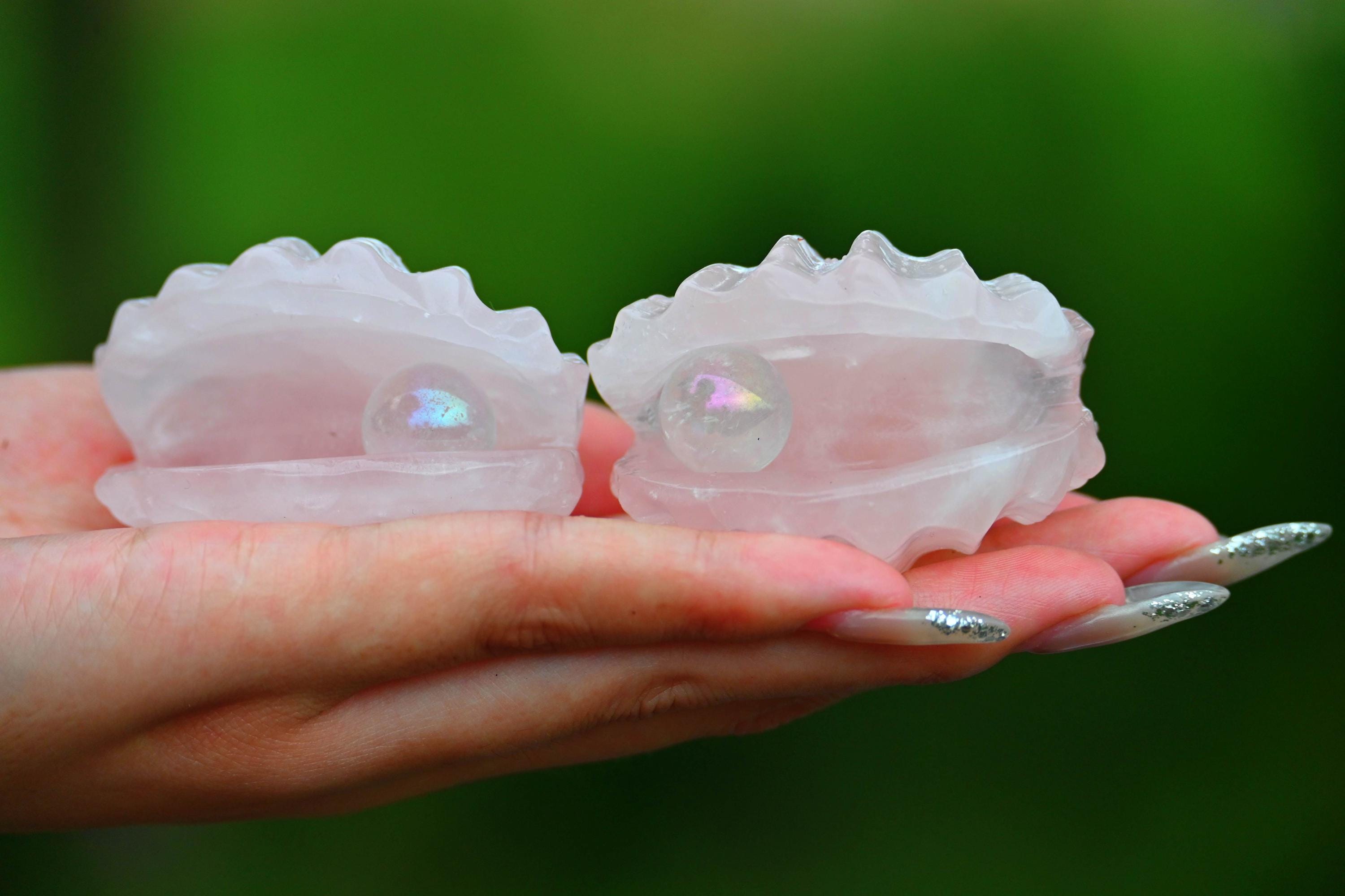 2インチ天然ローズクォーツ貝殻彫刻、クォーツクリスタルシェル