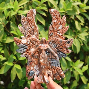 May include: A carved stone angel figurine with outstretched wings. The angel is primarily reddish-brown with gray and white accents. The wings are detailed with feather-like patterns. The background is a blur of green foliage.