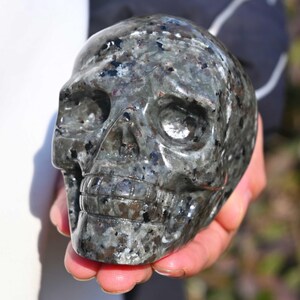 May include: A black and grey crystal skull with a detailed carving. The skull is made of a polished stone with a speckled pattern.