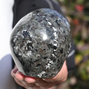 May include: A black and silver skull made of polished stone. The skull has a speckled pattern and a smooth, shiny surface.