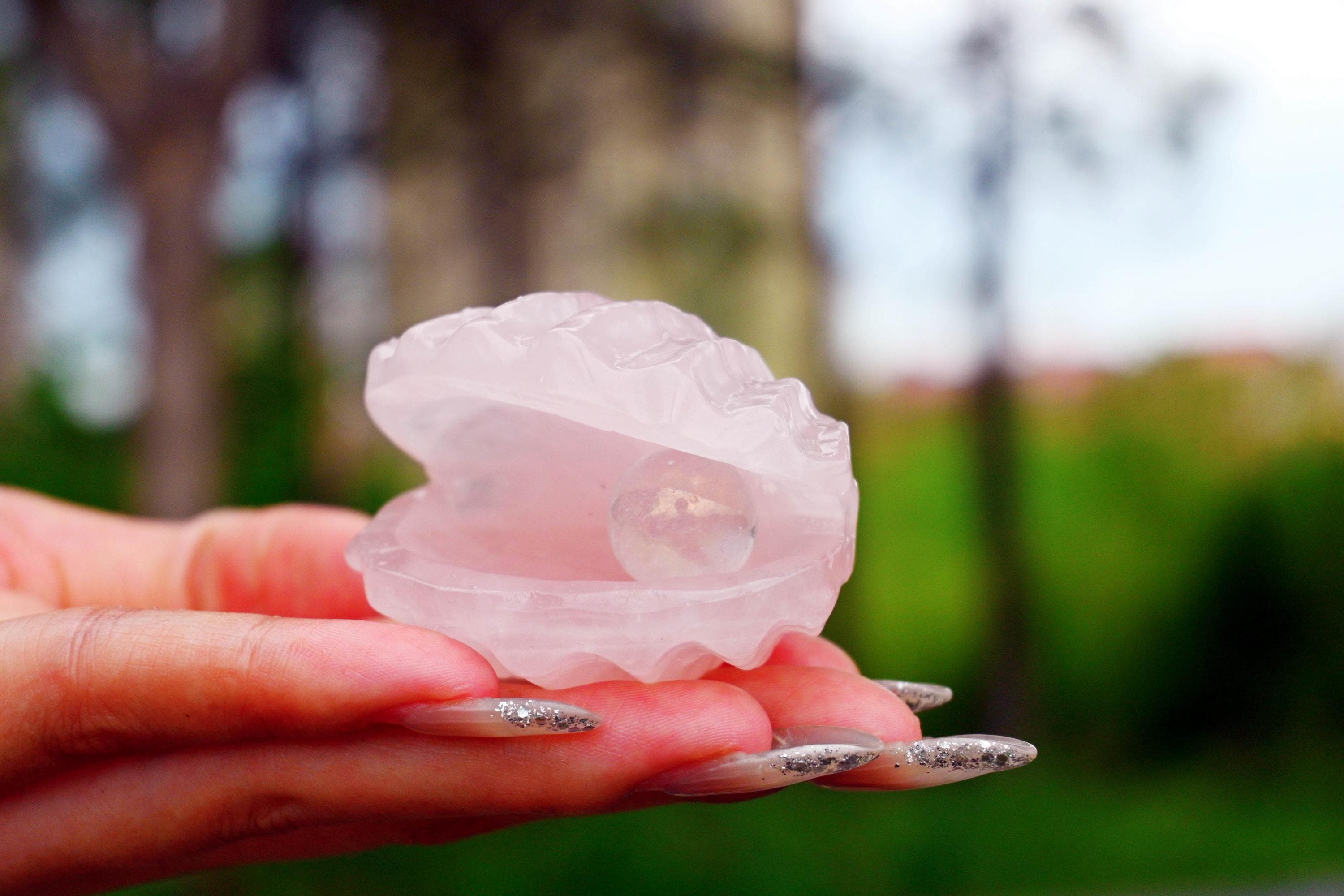 2インチ天然ローズクォーツ貝殻彫刻、クォーツクリスタルシェル