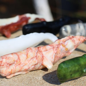 以下が含まれることがあります： さまざまな種類の御影石から手彫りされたクジラの彫刻のコレクション。クジラは白、赤、緑、黒など、さまざまな色をしています。