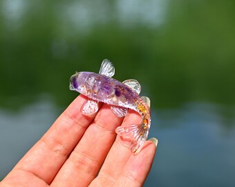 2.4インチ樹脂金魚、天然クリスタル原石、金魚彫刻、金魚置物、ホーム
