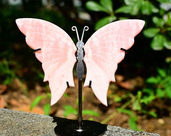 天然ピンクオパール蝶の羽根ペア、クリスタルバタフライ、彫刻された