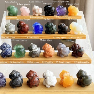 May include: A collection of 24 small, carved crystal figurines of a cartoon character. The figurines are arranged in three rows on a wooden shelf. Each figurine is labeled with a different type of crystal, such as aventurine, rose quartz, red network, obsidian, purple fluorite, geode stone, labradorite, ocean jasper, blue apatite, zoisite, silver obsidian, opalite, blue dot stone, green fluorite, shellstone, sun stone, gray agate, blood stone, lepidolite, spectrolite, red stone, howlite, geode stone, and labradorite.