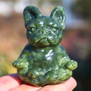 2.3&#39;&#39; Natural Green jade French Bulldog，Crystal dog carved，Crystal French Bulldog，Meditation carved，Home decor，Crystal gift