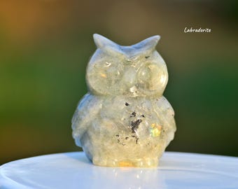 2インチ天然水晶フクロウ、水晶フクロウの彫刻、フクロウの置物、水晶