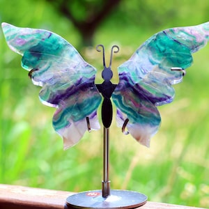 A pair Fluorite Wings+stand，Natural Crystal Butterfly decor，Wings Carving，Crystal ornaments，Home decor，Crystal gift，Crystal healing