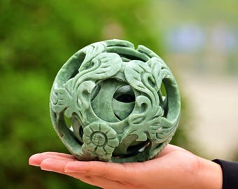 Sfera di giada verde naturale scavata, ortensia cinese, sfera di cristallo, regalo di cristallo, sfera di cristallo, arredamento per la casa, guarigione Riki