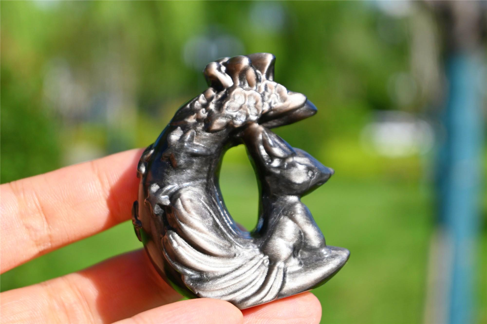 2.2'' 天然シルバーオブシディアン九尾狐、水晶フォックス彫刻