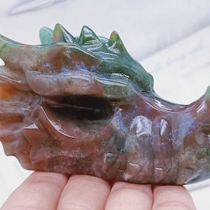 3.4&#39;&#39; Natural Hand carved Ocean jasper dragon skull，quartz crystal，Crystal gift，Crystal dragon skull，Christmas gift ，Crystal healing