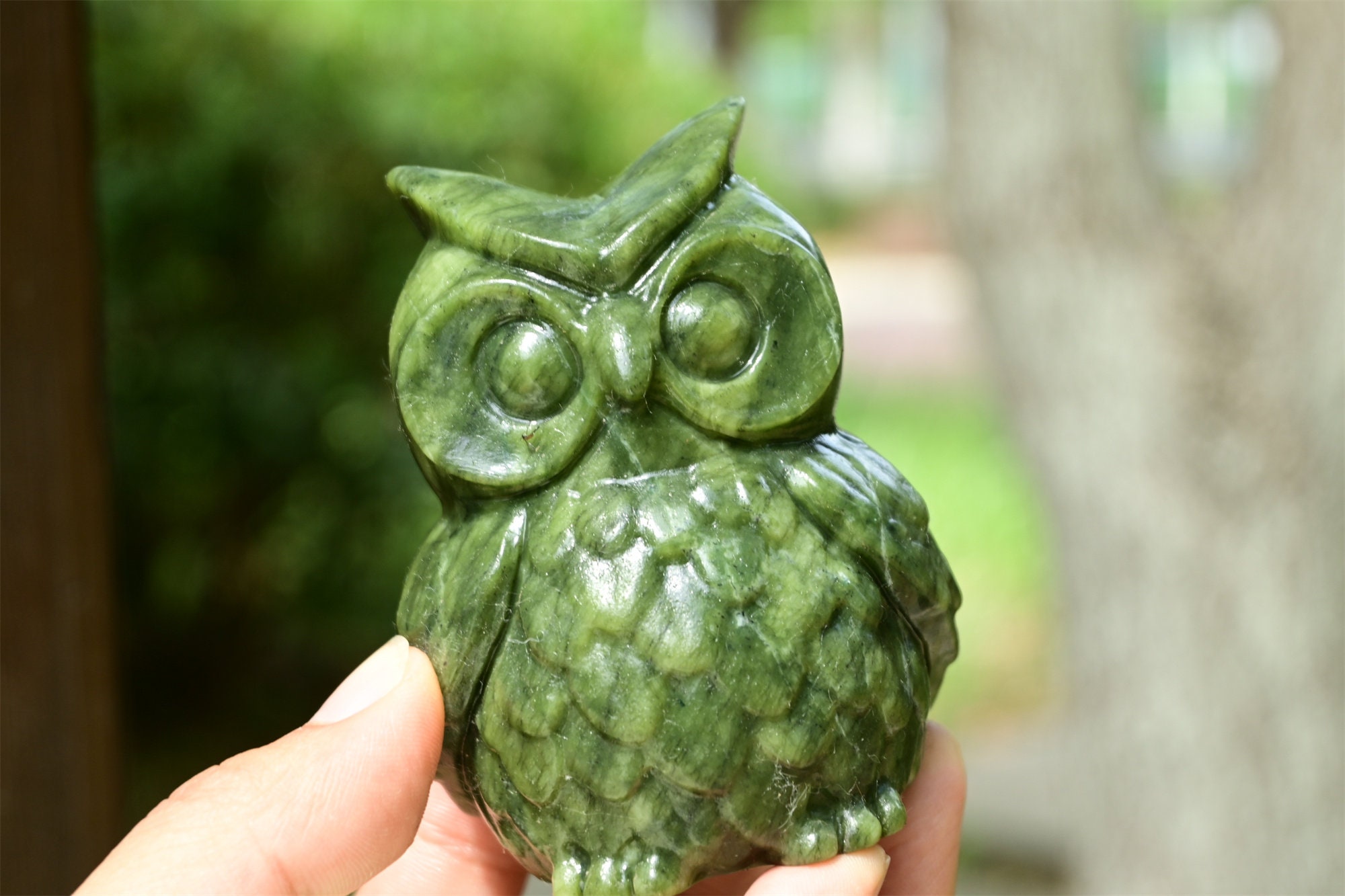 3.2インチ天然グリーン翡翠フクロウ彫刻、クォーツクリスタルフクロウ