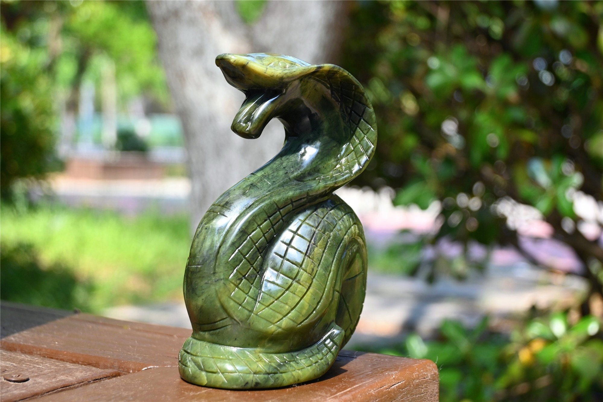 5.4'' Natural Olive Green jade snake carved,Crystal snake decor,Crystal ornament,Snake figurine,Halloween gift,Crystal snake,Crystal healing