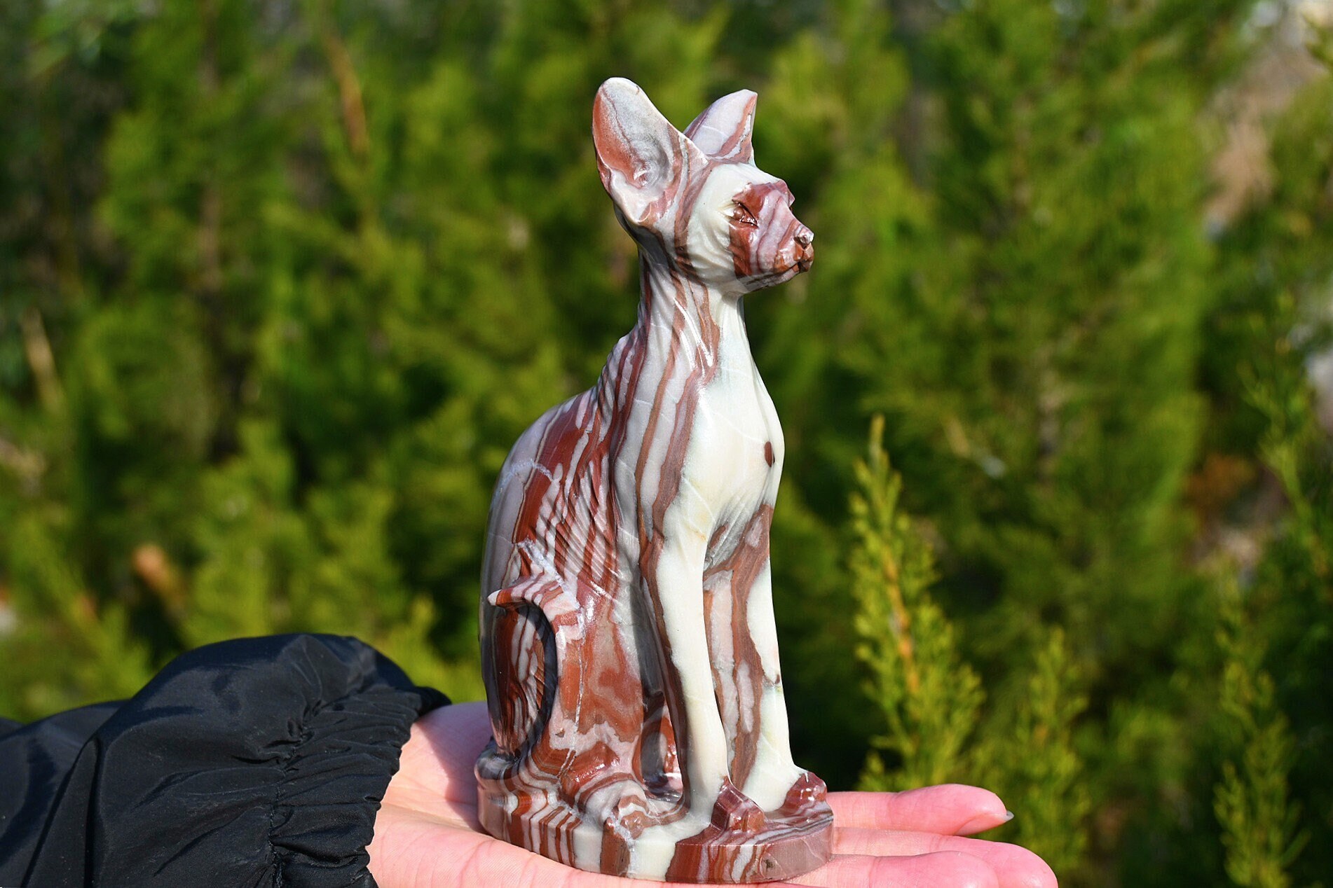 6'' Natural Hand Carved Pink Zebra Stone Hairless Cat，carved Cat