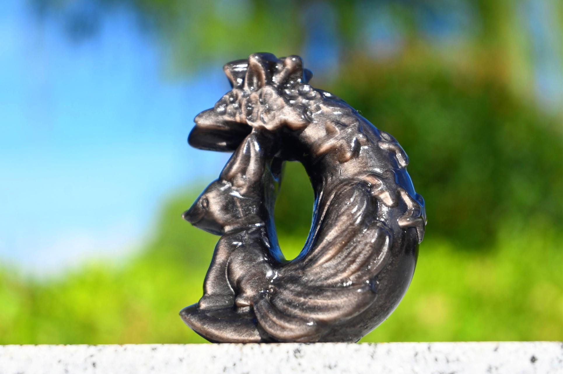 2.2'' 天然シルバーオブシディアン九尾狐、水晶フォックス彫刻