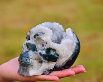 4'' Natural Moss Agate Geode Skull，crystal Skull Carving，natural
