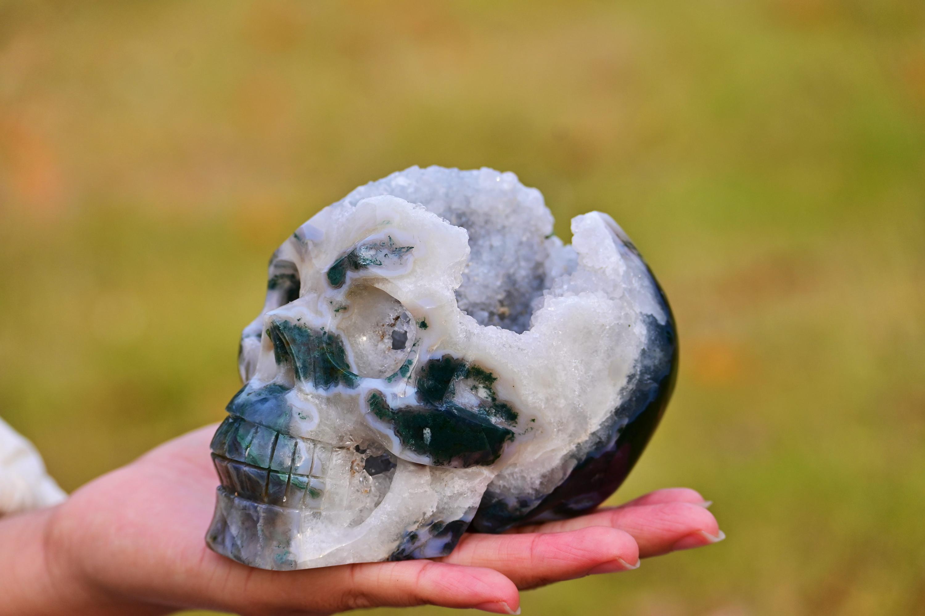 その他 Crystal Skull PSA8 INWO 4'' Natural Moss Agate Geode Skull，crystal Skull Carving，natural