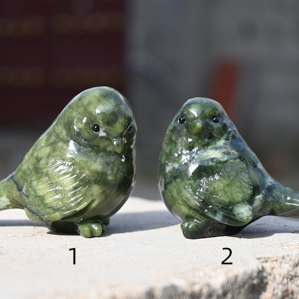 Oiseau en jade olive naturel sculpté à la main de 2,6 po., oiseau en cristal, oiseaux en jade, oiseau sculpté en jade vert, décoration intérieure, cadeau en cristal, guérison Riki