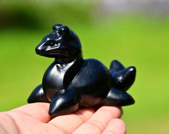 Monstruo del Lago Ness tallado a mano en obsidiana de 3,1 pulgadas, calavera de obsidiana, cristal de cuarzo, dragón de cristal, decoración de cristal, regalo de cristal, sanación con cristales