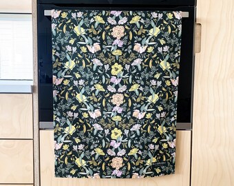 Tea Towel, Black Flower Pattern, Inspired by William Morris, Black Floral Pattern, Dish Cloth, Monochrome Kitchen, black kitchen accessories