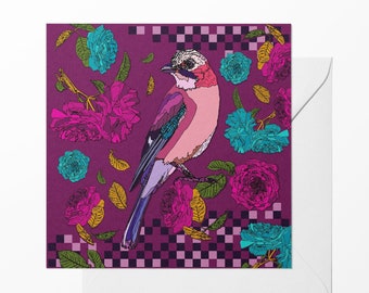 Bird greeting card, Blank inside note card, Floral art cards, Birthday card for her, Mothers day, Animal greeting card, Eurasian Jay Purple