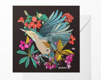 Bird greeting card, Blank inside note card, Floral art cards, Birthday card for her, Mothers day, Animal greeting card, Nuthatch