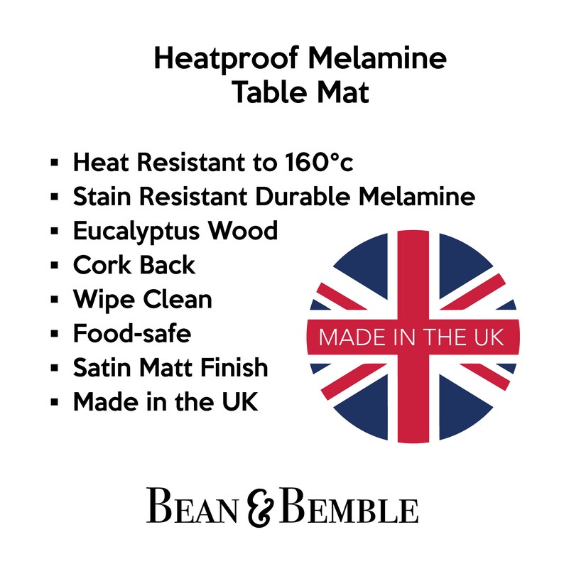 May include: Heatproof melamine table mat with a cork back and a satin matt finish. It is heat resistant to 160 degrees Celsius, stain resistant, food-safe, and wipe clean. The mat is made in the UK and features a red, white, and blue Union Jack design with the text "MADE IN THE UK".