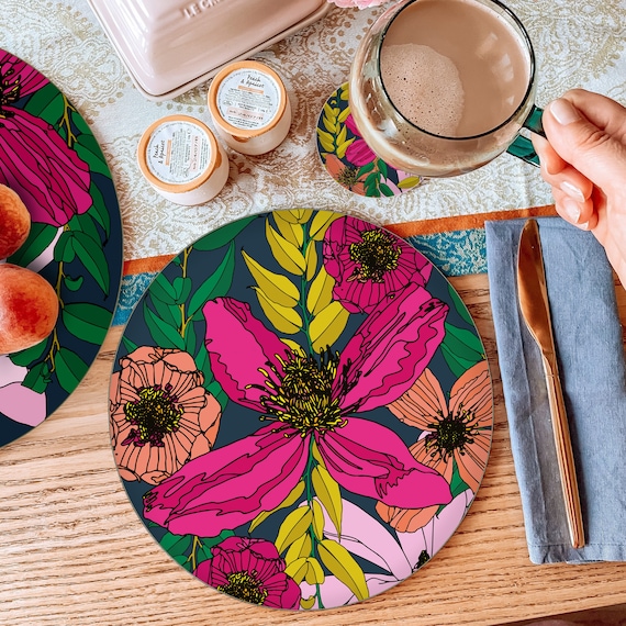 Large round table mat, Luxury placemats, Melamine placemat, Pink floral table decor, Dining room decor, Heatproof mat, Patterned table mats